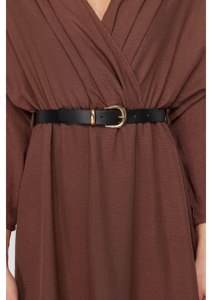 Kadın Moda Şık Midi Boy Kruvaze Regular Kemerli A-Line Yakalı Aerobin Dokuma Elbise indirimleri