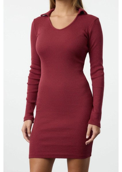 Kadın Moda Şık Mini Boy Polo Yaka Slim Vücuda Oturan Fitilli Esnek Örme Elbise