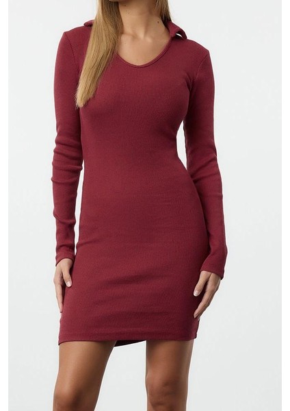 Kadın Moda Şık Mini Boy Polo Yaka Slim Vücuda Oturan Fitilli Esnek Örme Elbise fiyatları