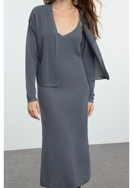 Kadın Moda Şık Midi Boy V Yaka Slim Premium Iplik Özel Iplik Triko Hırka- Elbise Takım