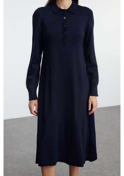 Kadın Moda Şık Midi Boy Polo Yaka Regular Triko Elbise