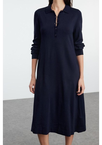Kadın Moda Şık Midi Boy Polo Yaka Regular Triko Elbise