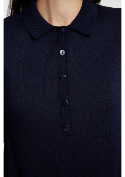 Kadın Moda Şık Midi Boy Polo Yaka Regular Triko Elbise