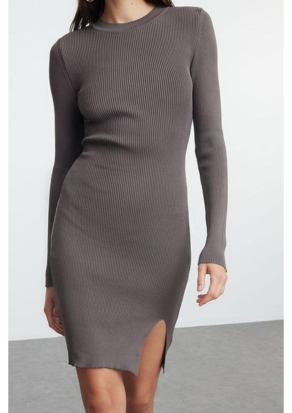 Kadın Moda Şık Mini Boy Bisiklet Yaka Slim Triko Yırtmaçlı Vücuda Oturan Elbise