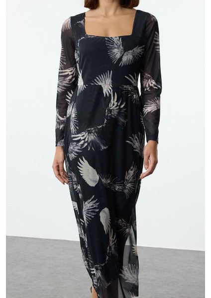 Kadın Moda Şık Midi Boy Kare Yaka Slim Tül Çiçekli Vücuda Oturan Esnek Örme Kalem Elbise