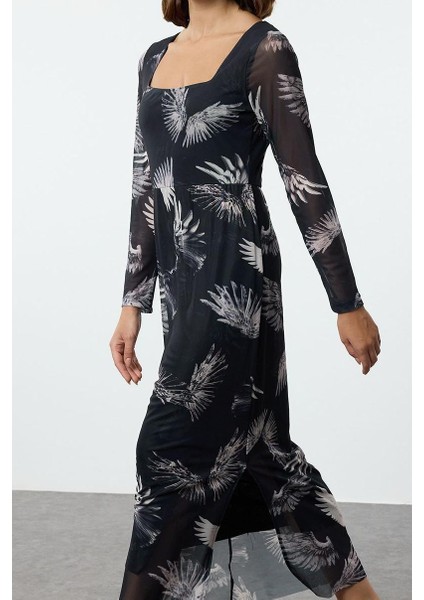 Kadın Moda Şık Midi Boy Kare Yaka Slim Tül Çiçekli Vücuda Oturan Esnek Örme Kalem Elbise fiyatları