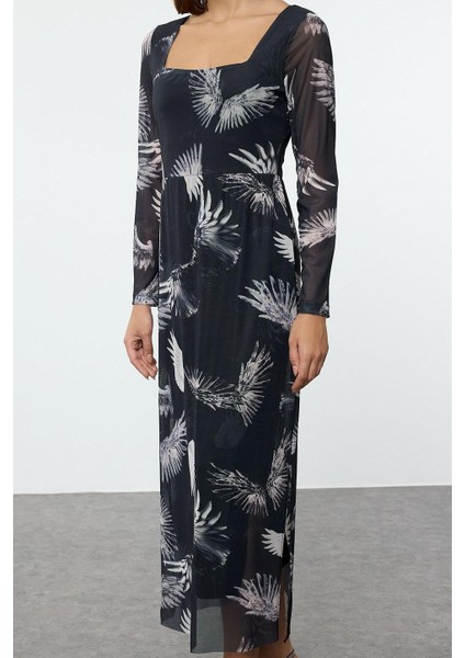 Kadın Moda Şık Midi Boy Kare Yaka Slim Tül Çiçekli Vücuda Oturan Esnek Örme Kalem Elbise modelleri