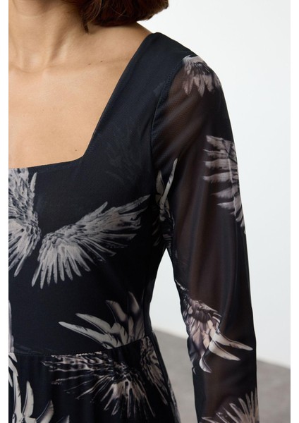 Kadın Moda Şık Midi Boy Kare Yaka Slim Tül Çiçekli Vücuda Oturan Esnek Örme Kalem Elbise fırsatları