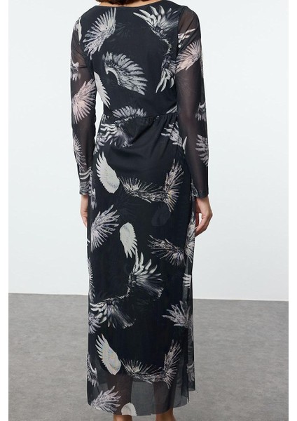 Kadın Moda Şık Midi Boy Kare Yaka Slim Tül Çiçekli Vücuda Oturan Esnek Örme Kalem Elbise indirimleri