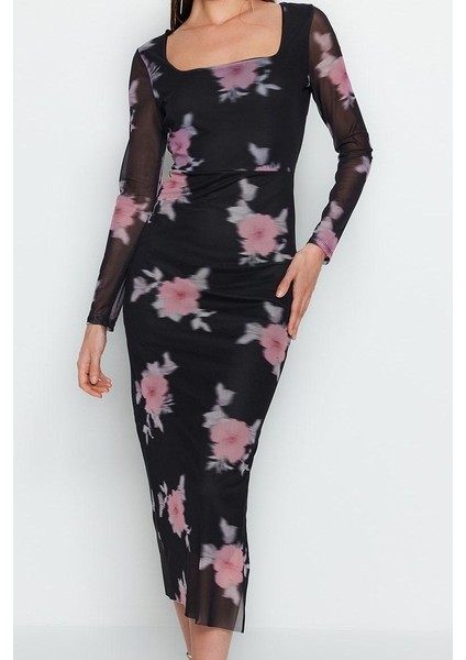 Kadın Moda Şık Midi Boy Kare Yaka Slim Tül Çiçekli Vücuda Oturan Esnek Örme Kalem Elbise