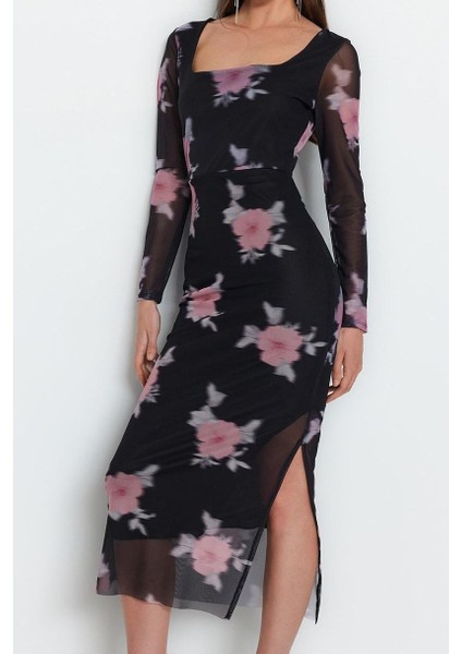 Kadın Moda Şık Midi Boy Kare Yaka Slim Tül Çiçekli Vücuda Oturan Esnek Örme Kalem Elbise