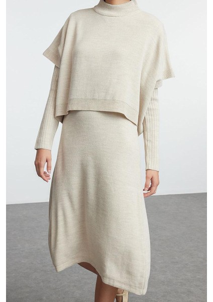 Kadın Moda Şık Midi Boy Dik Yaka Oversize Geniş Kalıp Triko Süveterli Elbise fiyatları