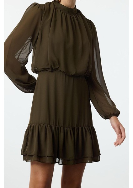 Kadın Moda Şık Mini Boy Dik Yaka Regular Eteği Volanlı Şifon Dokuma Kışlık Elbise modelleri