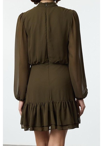 Kadın Moda Şık Mini Boy Dik Yaka Regular Eteği Volanlı Şifon Dokuma Kışlık Elbise indirimleri