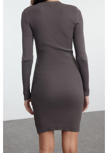 Kadın Moda Şık Mini Boy Bisiklet Yaka Slim Triko Yırtmaçlı Vücuda Oturan Elbise