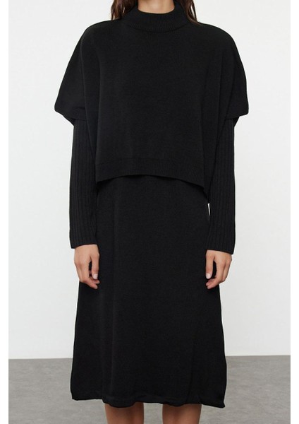 Kadın Moda Şık Midi Boy Dik Yaka Oversize Triko Süper Geniş Kalıp Süveterli Elbise