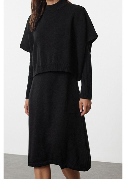Kadın Moda Şık Midi Boy Dik Yaka Oversize Triko Süper Geniş Kalıp Süveterli Elbise