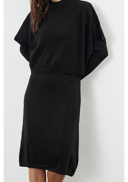 Kadın Moda Şık Midi Boy Dik Yaka Oversize Triko Süper Geniş Kalıp Süveterli Elbise