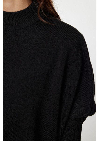 Kadın Moda Şık Midi Boy Dik Yaka Oversize Triko Süper Geniş Kalıp Süveterli Elbise