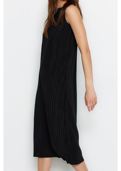 Kadın Moda Şık Midi Boy Halter Yaka Relaxed Shift Düz Sıfır Kol Piliseli Örme Elbise