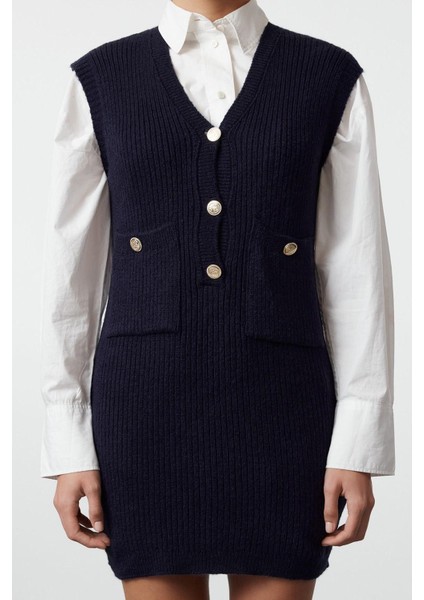 Kadın Moda Şık Mini Boy V Yaka Slim Triko Yumuşak Dokulu Elbise