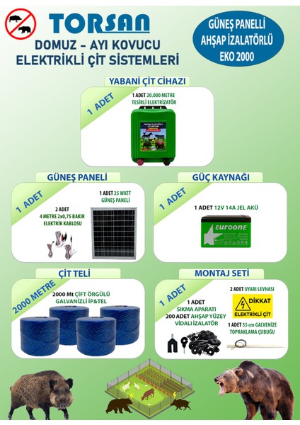 GÜNEŞ PANELLİ EKO 2000 Elektrikli Çit Sistemi ( Domuz - Ayı Kovucu ) 2000MT