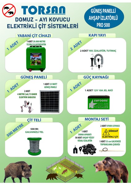 GÜNEŞ PANELLİ PRO 500 Elektrikli Çit Sistemi ( Domuz - Ayı Kovucu ) 500MT
