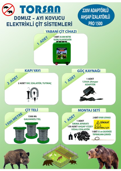 220V Adaptörlü Pro 1500 Elektrikli Çit Sistemi ( Domuz - Ayı Kovucu ) 1500MT