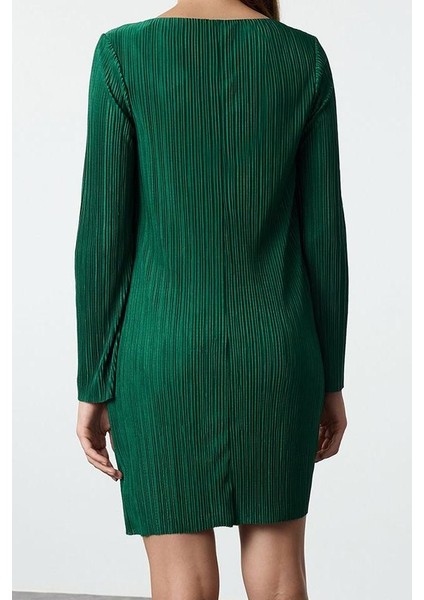 Kadın Moda Şık Mini Boy Kayık Yaka Regular Düz Düz Pilise Astarlı Shift Örme Elbise