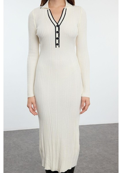 Kadın Moda Şık Midi Boy Polo Yaka Slim Renk Bloklu Triko Premium Iplik Özel Iplik Elbise