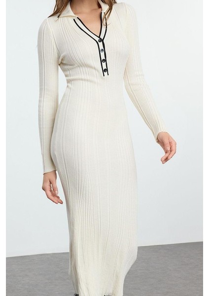 Kadın Moda Şık Midi Boy Polo Yaka Slim Renk Bloklu Triko Premium Iplik Özel Iplik Elbise