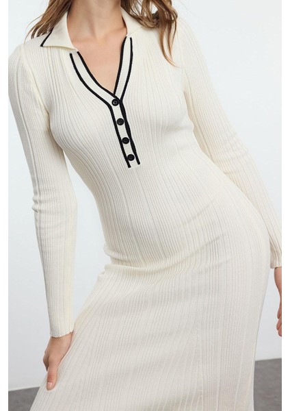 Kadın Moda Şık Midi Boy Polo Yaka Slim Renk Bloklu Triko Premium Iplik Özel Iplik Elbise