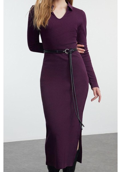 Kadın Moda Şık Midi Boy V Yaka Fitted Düz Polo Yaka Bodycone Vücuda Oturan Örme Elbise fiyatları