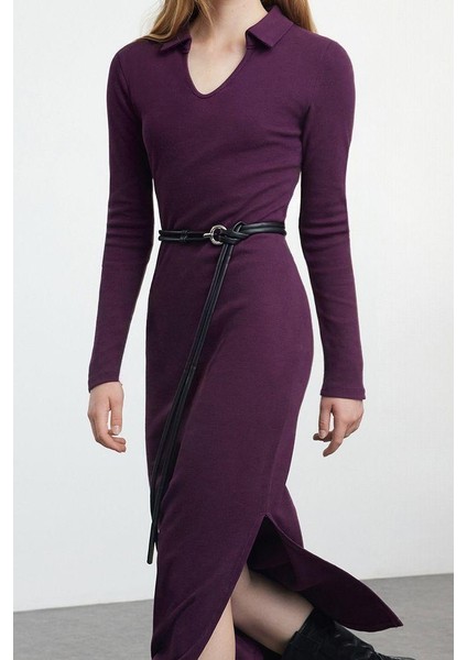 Kadın Moda Şık Midi Boy V Yaka Fitted Düz Polo Yaka Bodycone Vücuda Oturan Örme Elbise modelleri