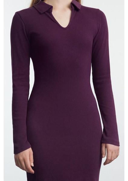 Kadın Moda Şık Midi Boy V Yaka Fitted Düz Polo Yaka Bodycone Vücuda Oturan Örme Elbise fırsatları