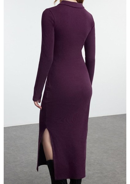 Kadın Moda Şık Midi Boy V Yaka Fitted Düz Polo Yaka Bodycone Vücuda Oturan Örme Elbise indirimleri