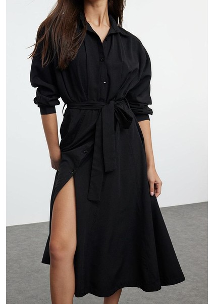 Kadın Moda Şık Midi Boy Gömlek Yaka Regular Kuşaklı Çizgili Dokuma Gömlek Elbise fiyatları