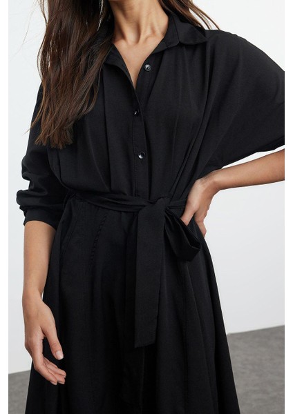 Kadın Moda Şık Midi Boy Gömlek Yaka Regular Kuşaklı Çizgili Dokuma Gömlek Elbise modelleri