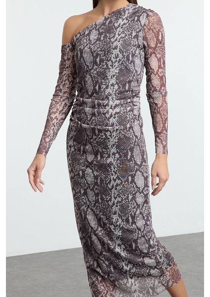 Kadın Moda Şık Maxi Boy Asimetrik Yaka Slim Animal Leopar Baskılı Vücuda Oturan Esnek Örme Elbise modelleri
