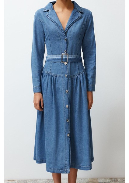 Kadın Moda Şık Maxi Boy Gömlek Yaka Oversize Kemerli Denim Elbise