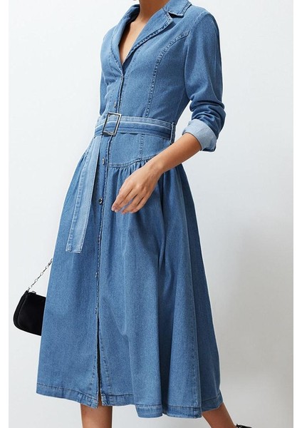 Kadın Moda Şık Maxi Boy Gömlek Yaka Oversize Kemerli Denim Elbise fiyatları