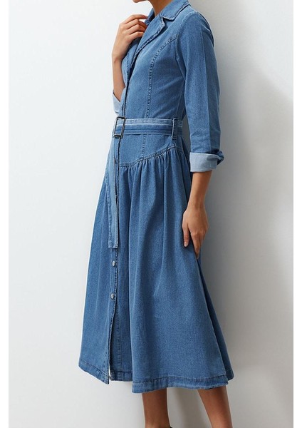 Kadın Moda Şık Maxi Boy Gömlek Yaka Oversize Kemerli Denim Elbise fırsatları