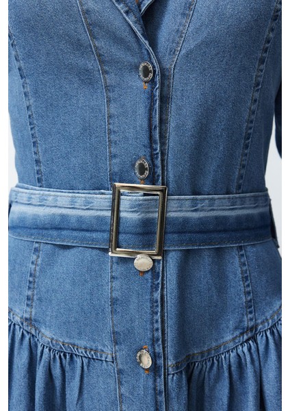 Kadın Moda Şık Maxi Boy Gömlek Yaka Oversize Kemerli Denim Elbise indirimleri