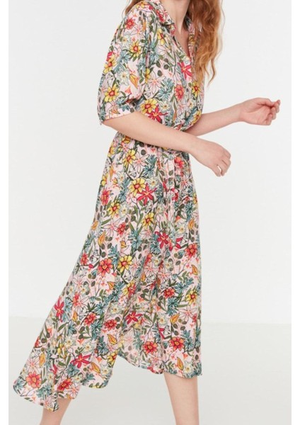 Kadın Moda Şık Midi Boy Gömlek Yaka Regular Çiçek Desenli Kuşaklı Dokuma Viskon Gömlek Elbise