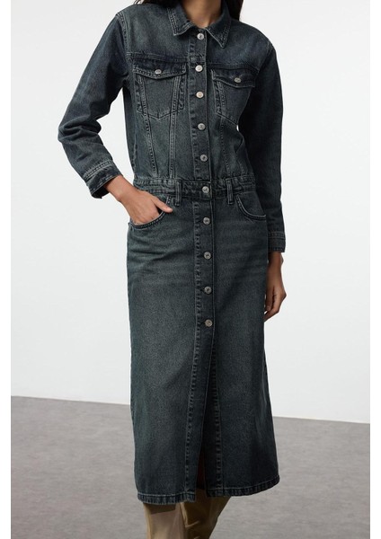 Kadın Moda Şık Midi Boy Ceket Yaka Denim Gömlek Elbise