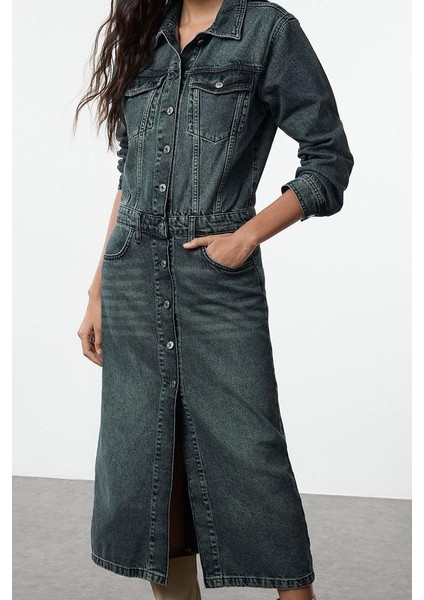 Kadın Moda Şık Midi Boy Ceket Yaka Denim Gömlek Elbise fiyatları