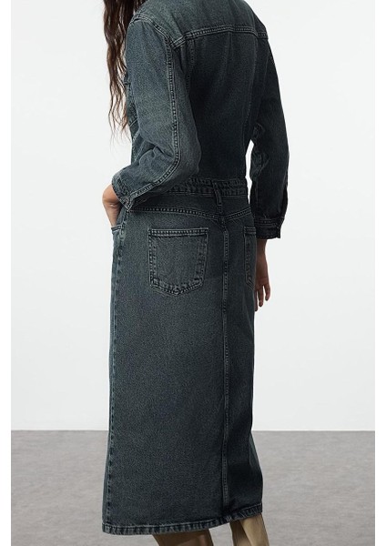 Kadın Moda Şık Midi Boy Ceket Yaka Denim Gömlek Elbise fırsatları