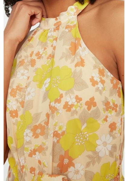 Kadın Moda Midi Boy Halter Yaka Regular Çiçek Desenli Kuşaklı A Kesim Kolsuz Astarlı Dokuma Elbise