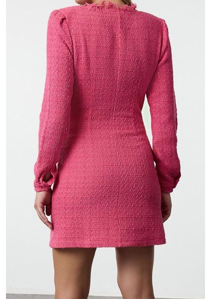 Kadın Moda Şık Mini Boy Bisiklet Yaka Regular Pink Düz Kesim Tüvit Ceket Dokuma Elbise indirimleri