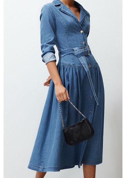Kadın Moda Şık Maxi Boy Gömlek Yaka Oversize Kemerli Denim Elbise modelleri